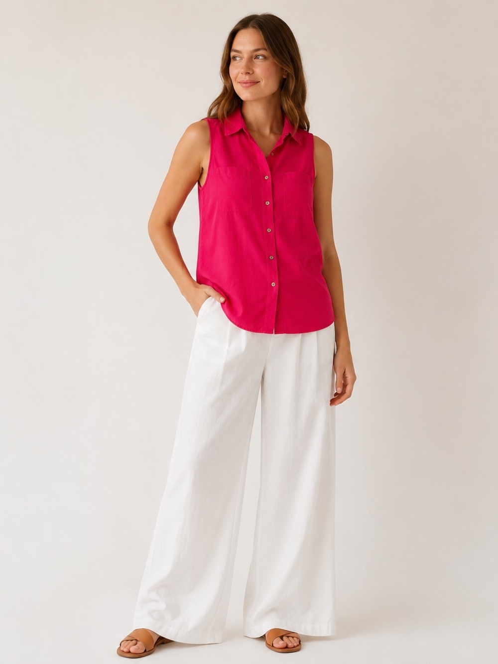 J. Jill Pink Silk Sleeveless Blouse M Button Front Coastal Grandma Minimal